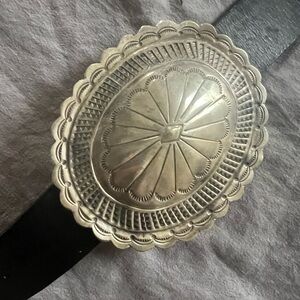 Cocho Belt 54” long 5 conchos plus Buckle. Black leather sterling silver.